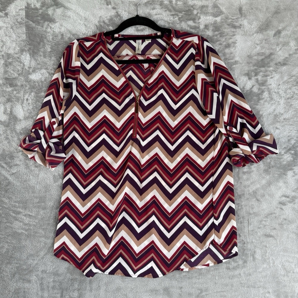 Tacera Women's Size S‎ 1/4 Zip Chevron Pattern 3/4 Sleeve Top Pullover Blouse